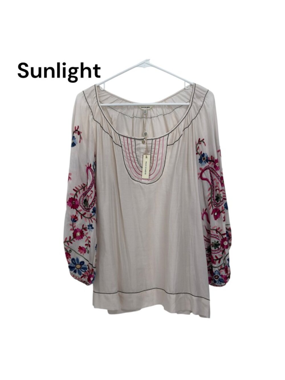 Max Studio Womens Embroidered Sleeve Boho Peasant Blouse SZ S 100% Rayon Beige
